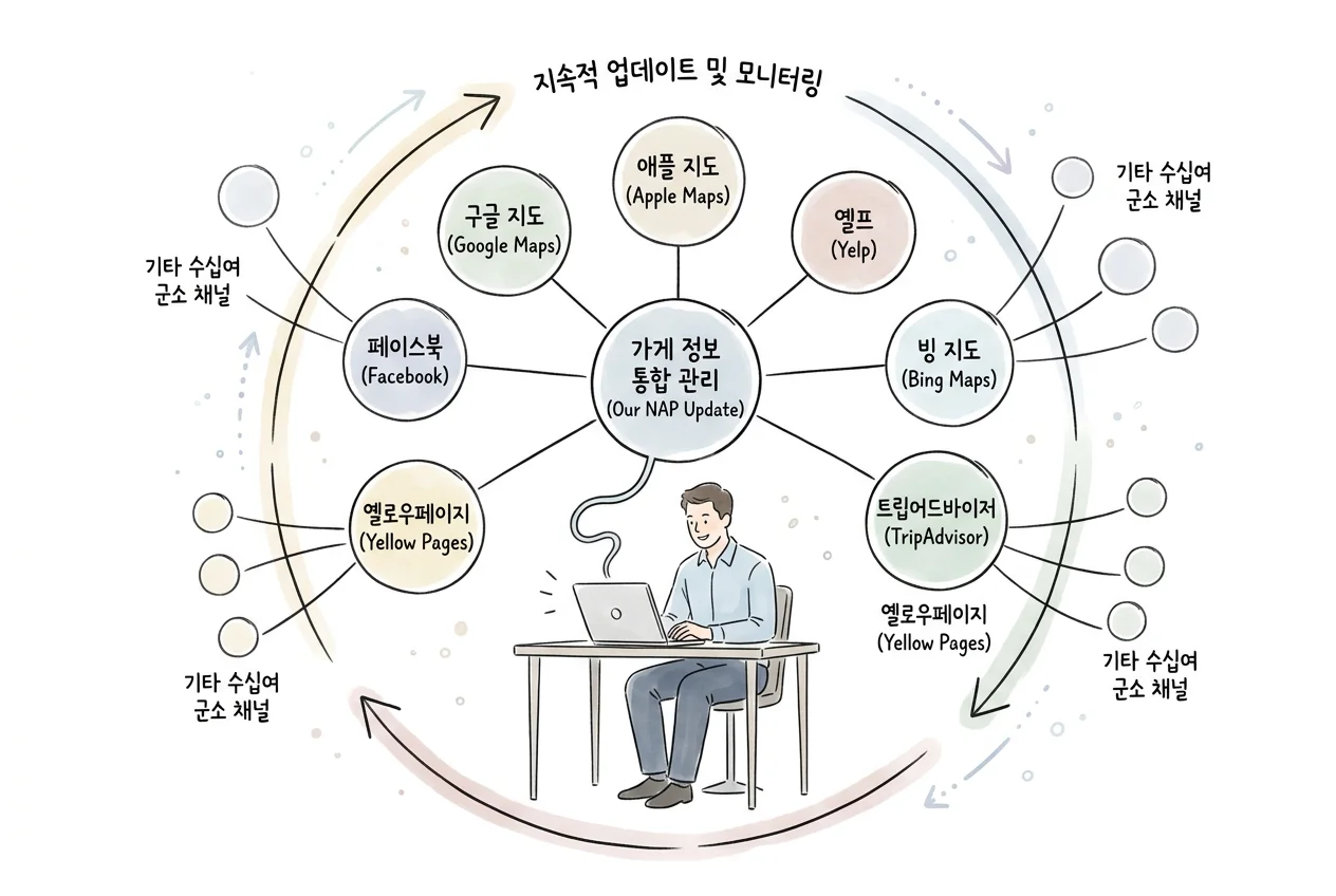 비즈니스 영업정보(NAP)를 한 곳에서 통합 관리해 구글·애플·옐프·빙 지도부터 페이스북·트립어드바이저, 수십 개 군소 채널까지 같은 내용으로 일괄 전파하고 지속 업데이트·모니터링하는 모습